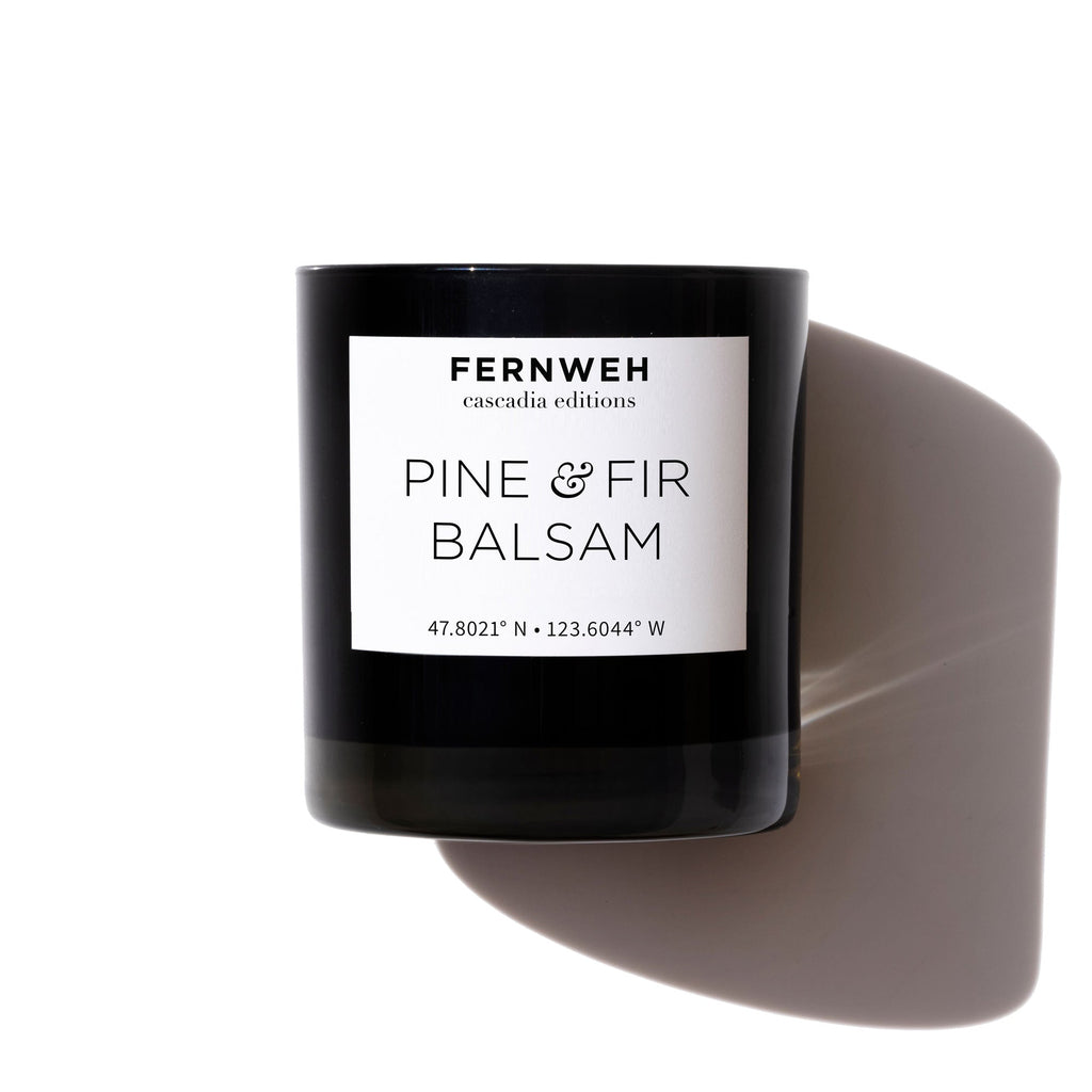 Pine & Fir Balsam soy candle in black glass jar with label
