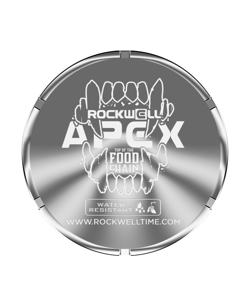 Silver watch case back with skull graphic and “Water Resistant” text