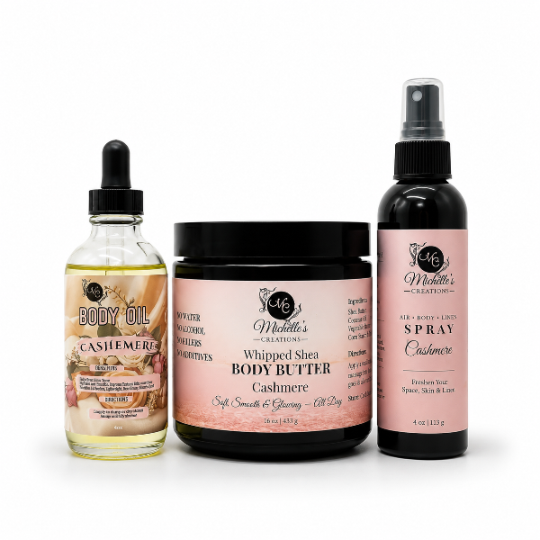 Cashmere body oil, whipped body butter jar, and air-body spray (3-piece set)