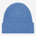 Light blue ribbed knit cashmere beanie with folded cuff