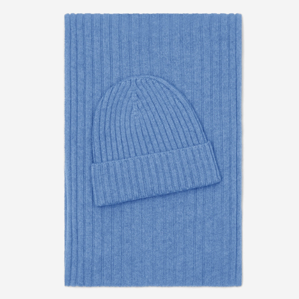 Light blue ribbed knit beanie folded cuff, shown laid flat
