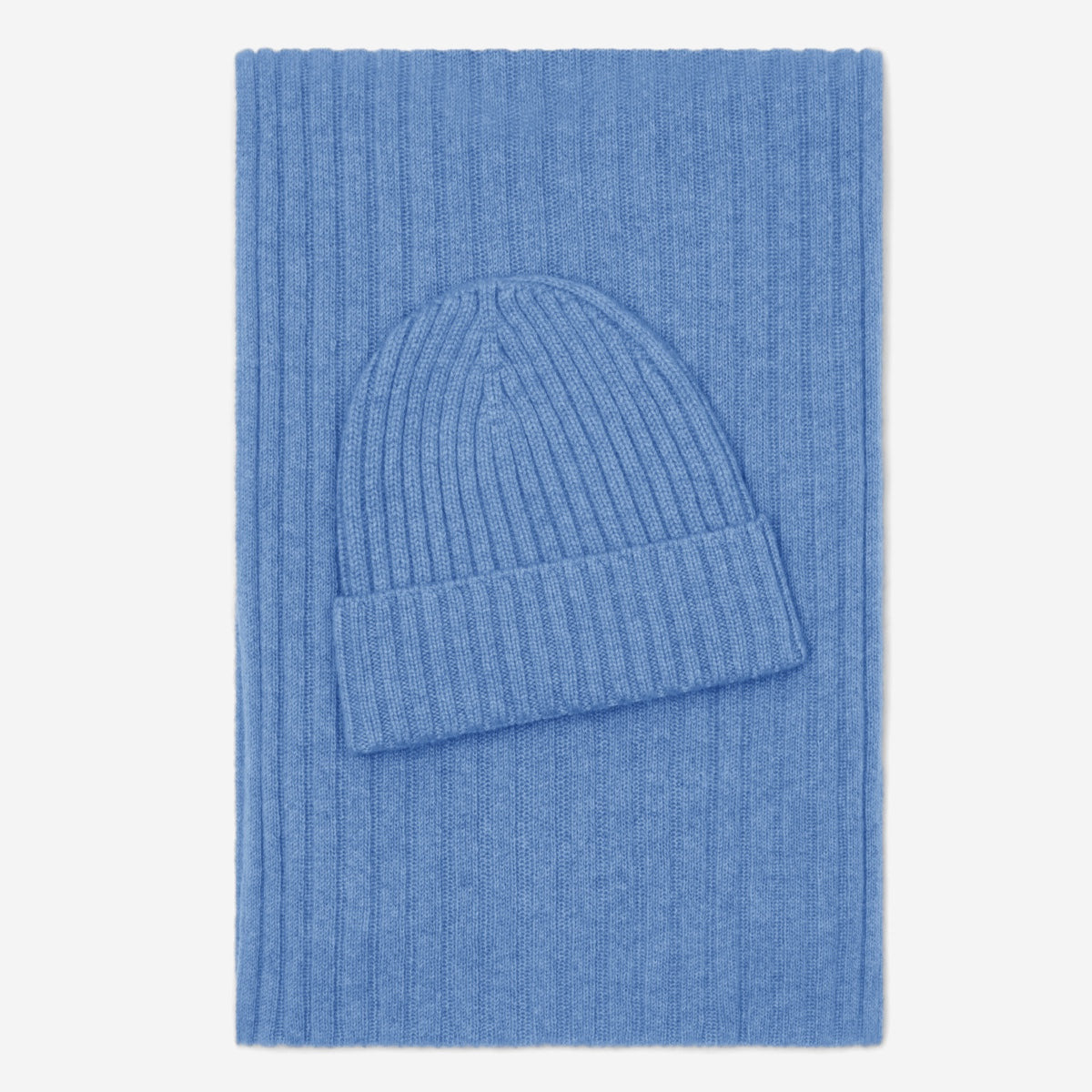 Light blue ribbed knit beanie folded cuff, shown laid flat