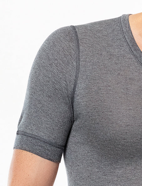 Close-up of gray short-sleeve base layer shirt knit