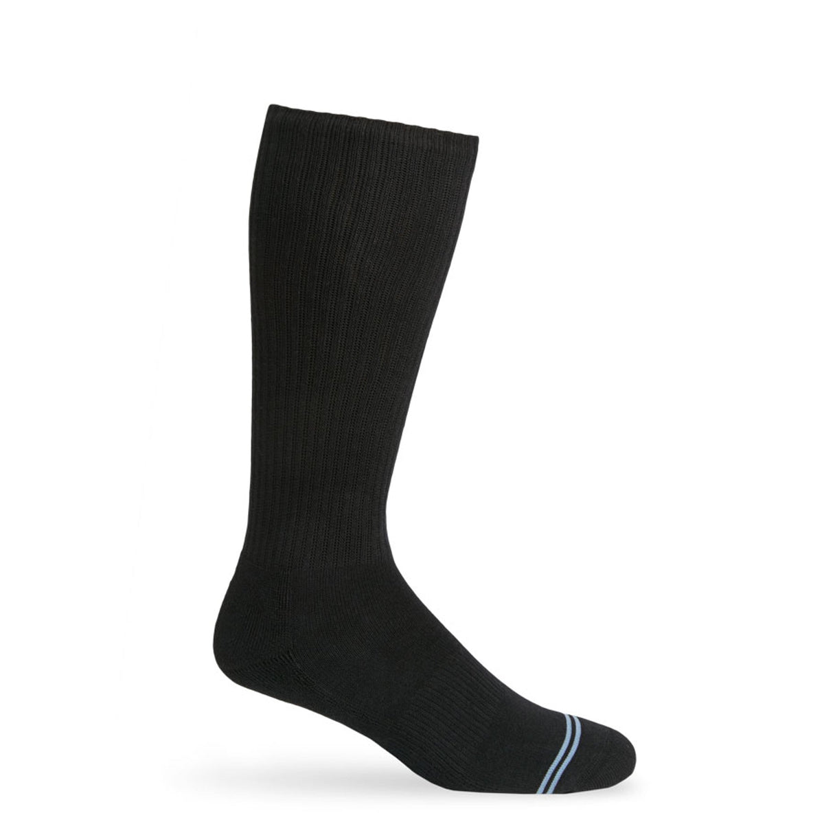 Single black crew sock with light blue stripe at the toe