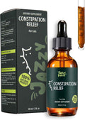 Cat constipation relief drops in an amber bottle with dropper and matching carton.