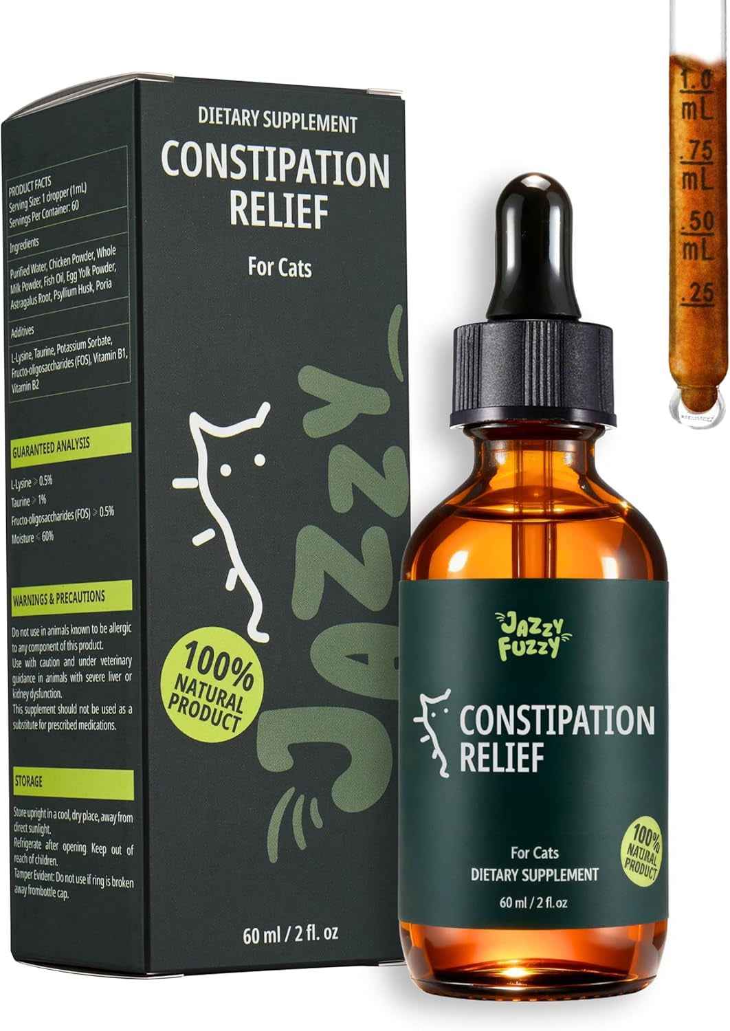 Cat constipation relief drops in an amber bottle with dropper and matching carton.