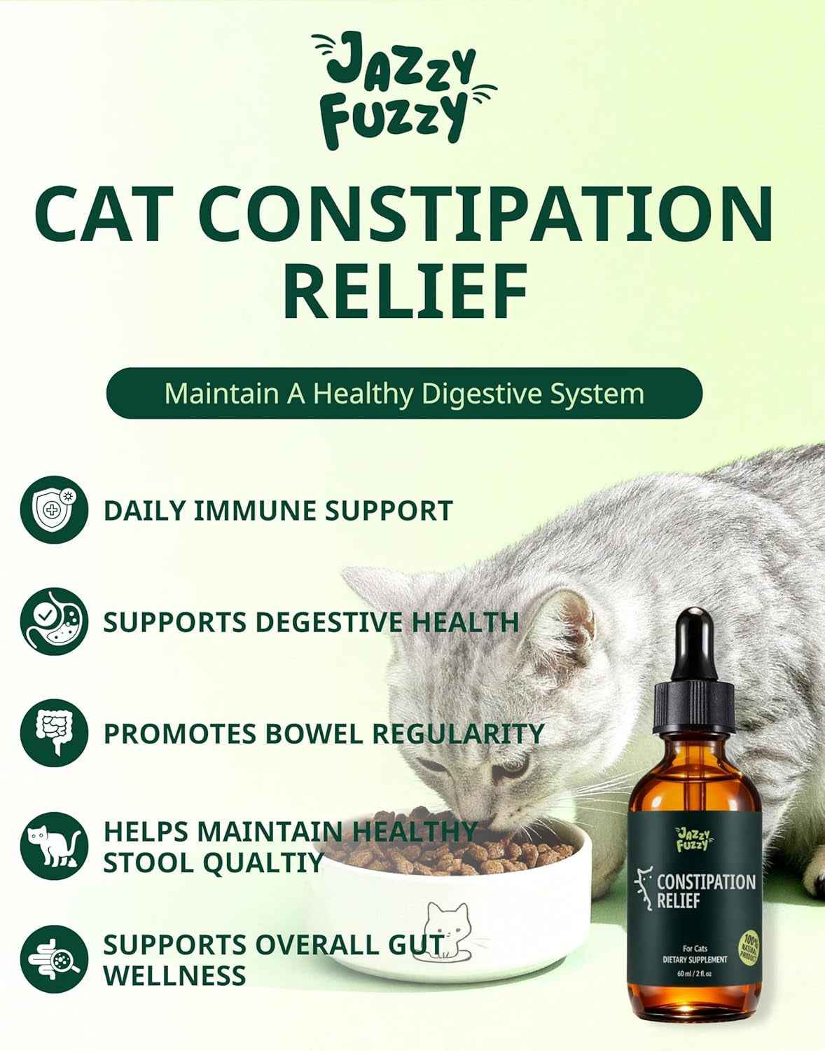 Amber bottle of cat constipation relief drops with dropper.