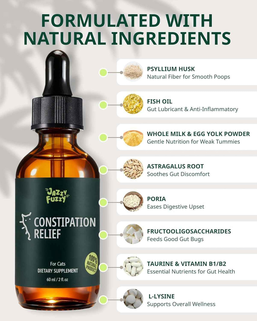 Amber bottle of cat constipation relief drops with dropper and ingredient list.