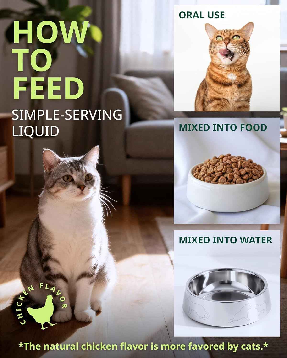 Cat constipation relief liquid with feeding examples for food or water.