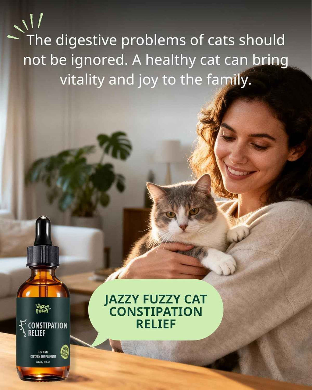 Amber bottle of cat constipation relief drops beside a woman holding a cat.