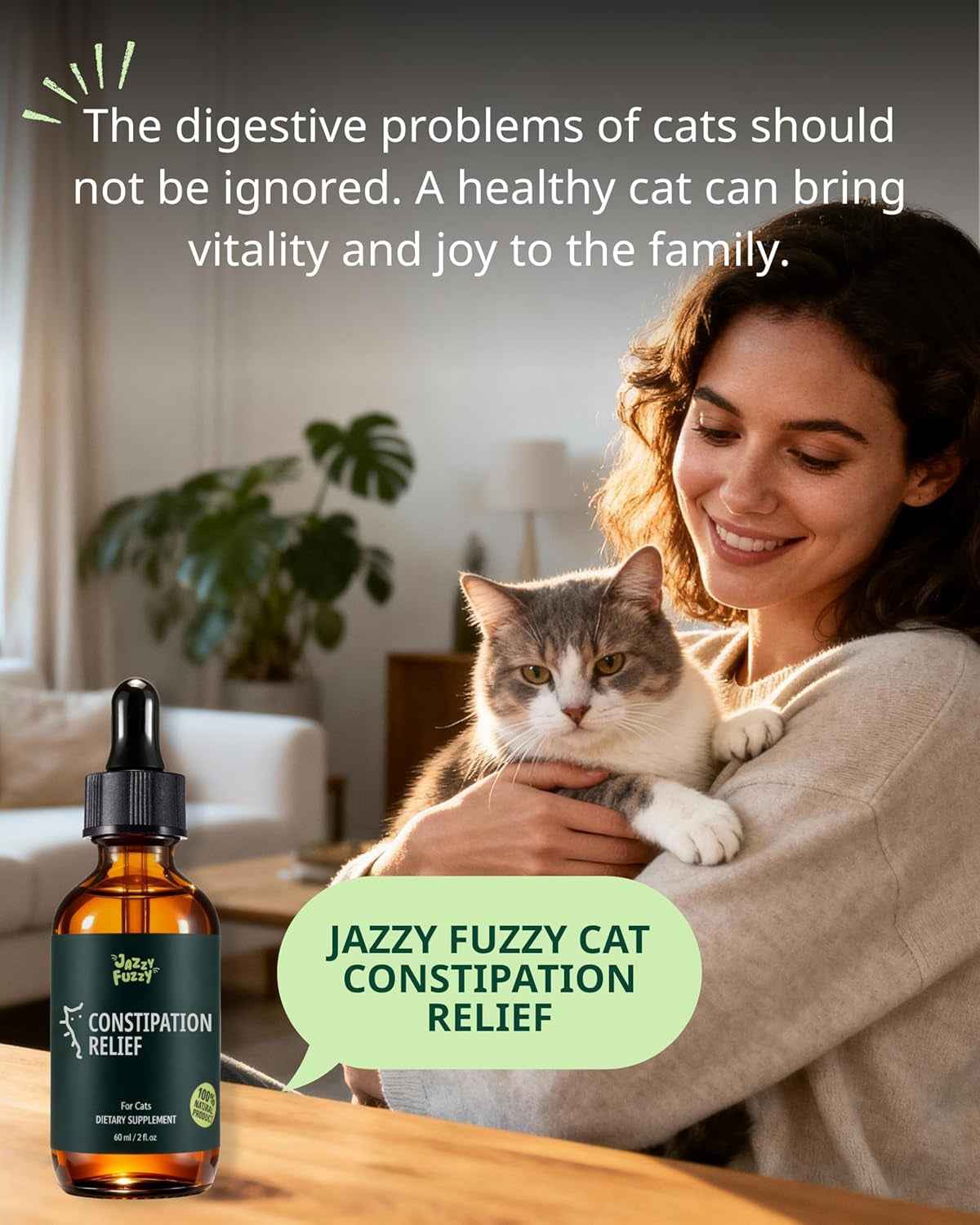 Amber bottle of cat constipation relief drops beside a woman holding a cat.
