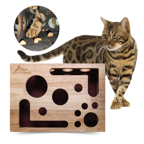 Wooden cat nail file enrichment box with circular cutouts and a long slot opening