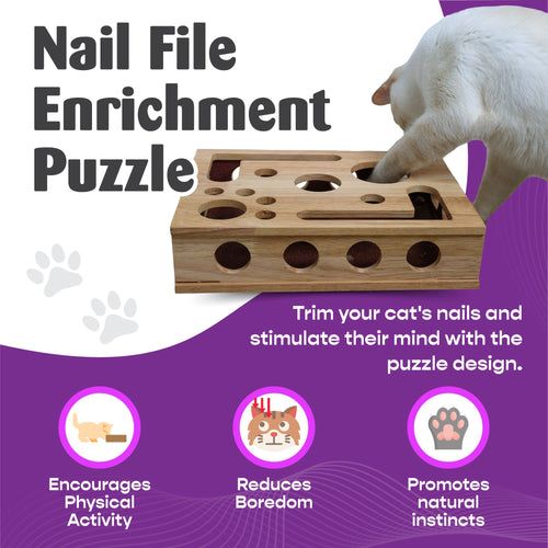 Wooden nail file puzzle box with paw-shaped cutouts; cat paw resting on top