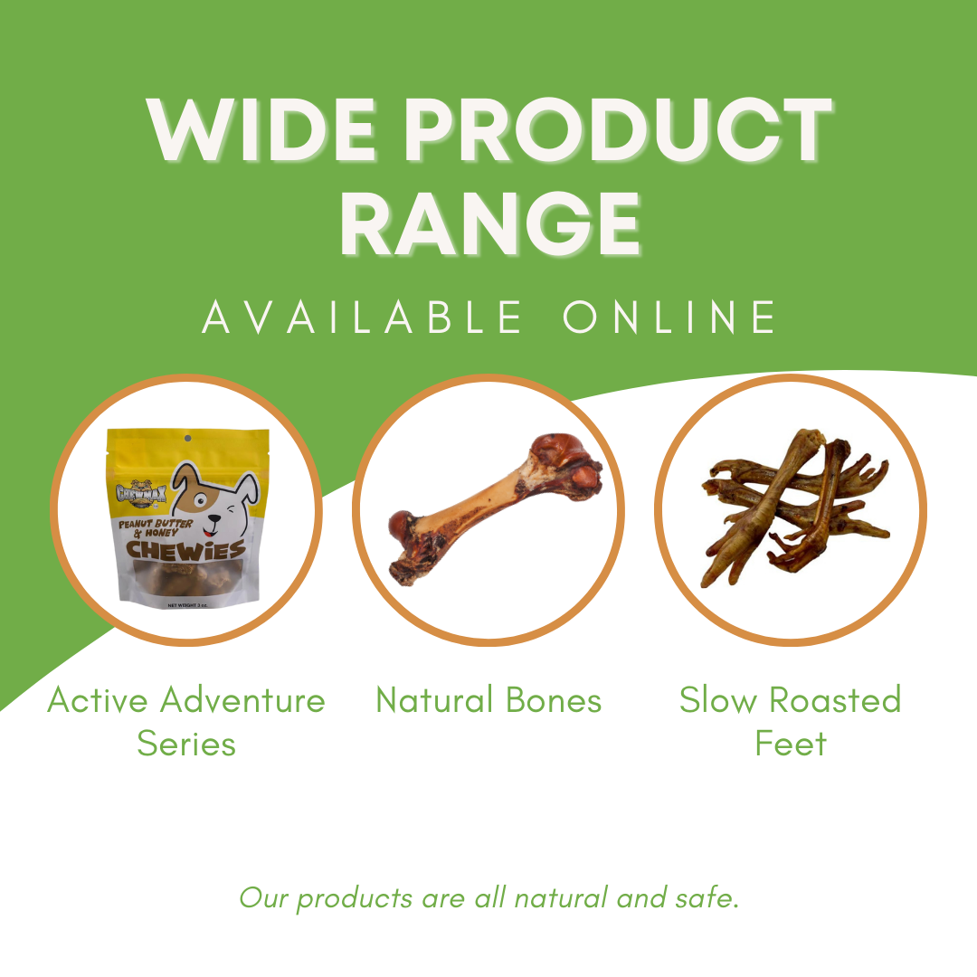 Pig ear dog treat package, shown in a product-range display