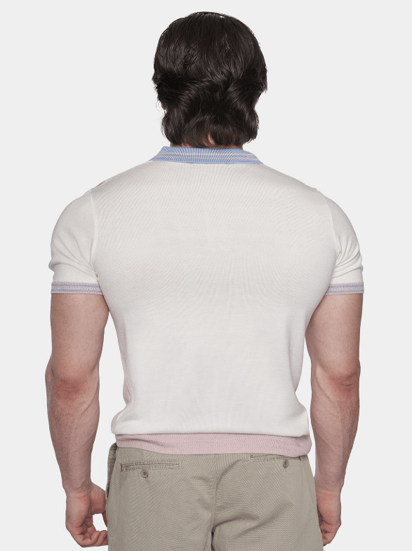 Back view of pastel striped cotton polo shirt with light blue trim on collar, short sleeves