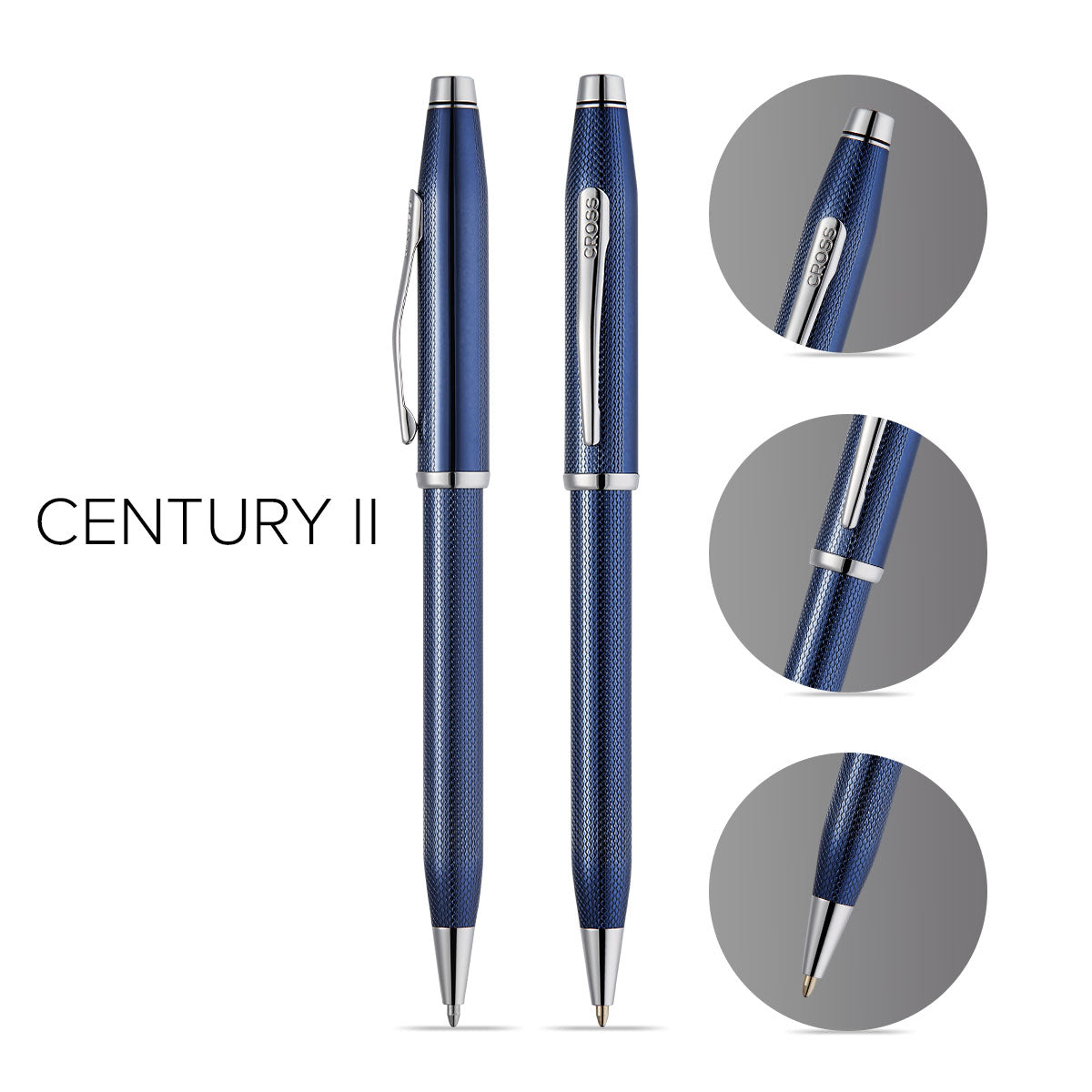 Pair of cobalt blue translucent ballpoint pens with engraved diamond pattern and chrome trim