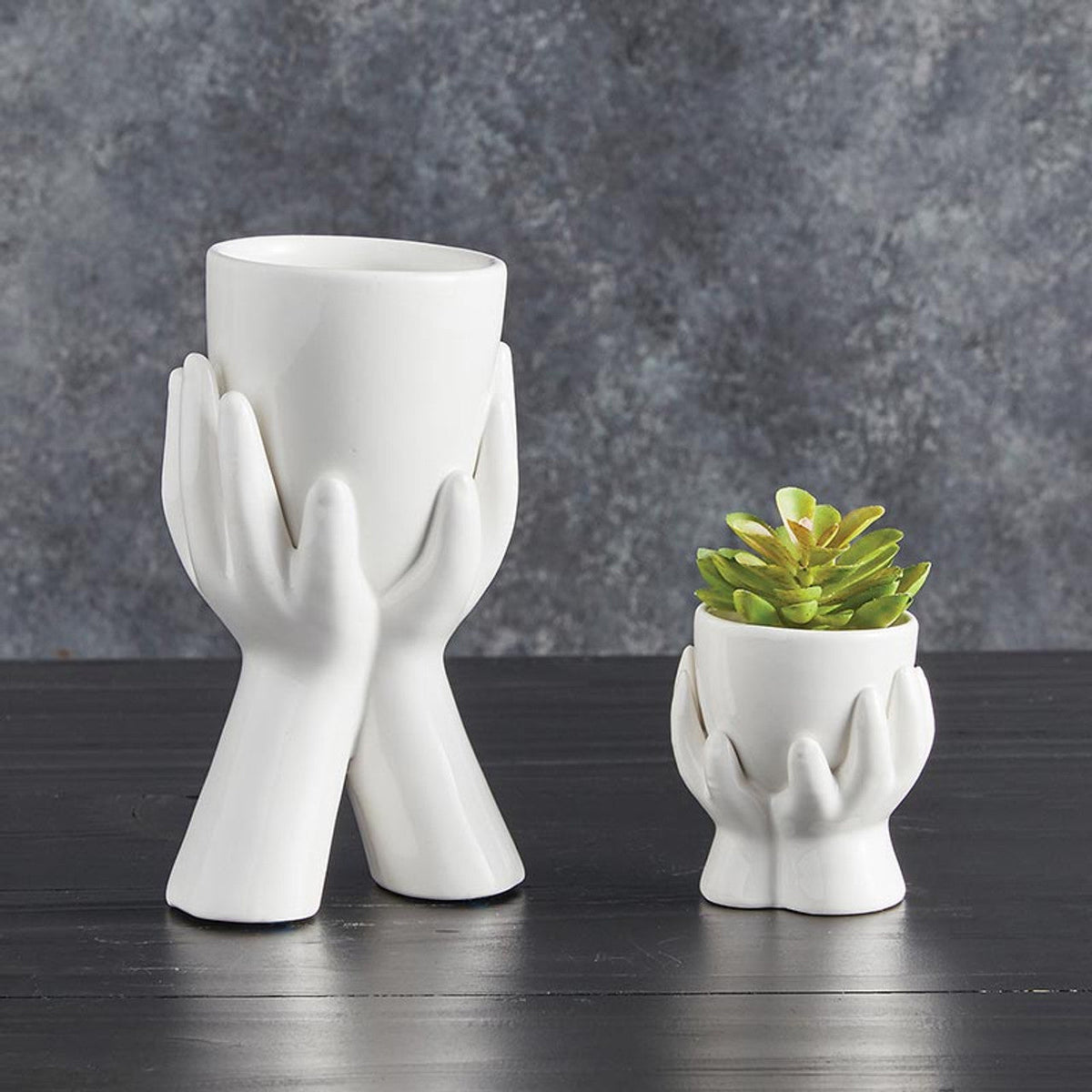 Pair of white ceramic hand planters, one smaller with succulents