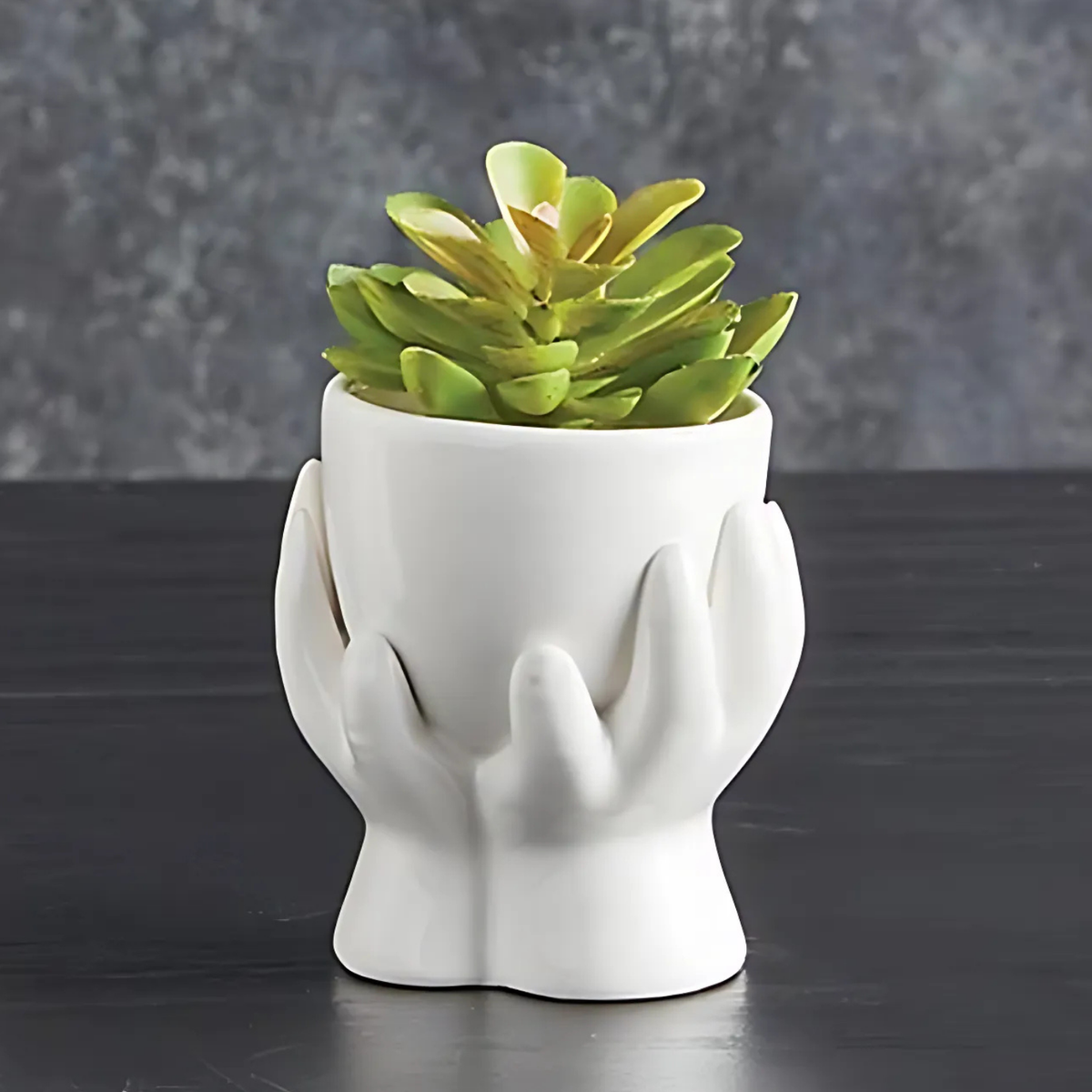 White ceramic hand-shaped mini planter holding a small succulent