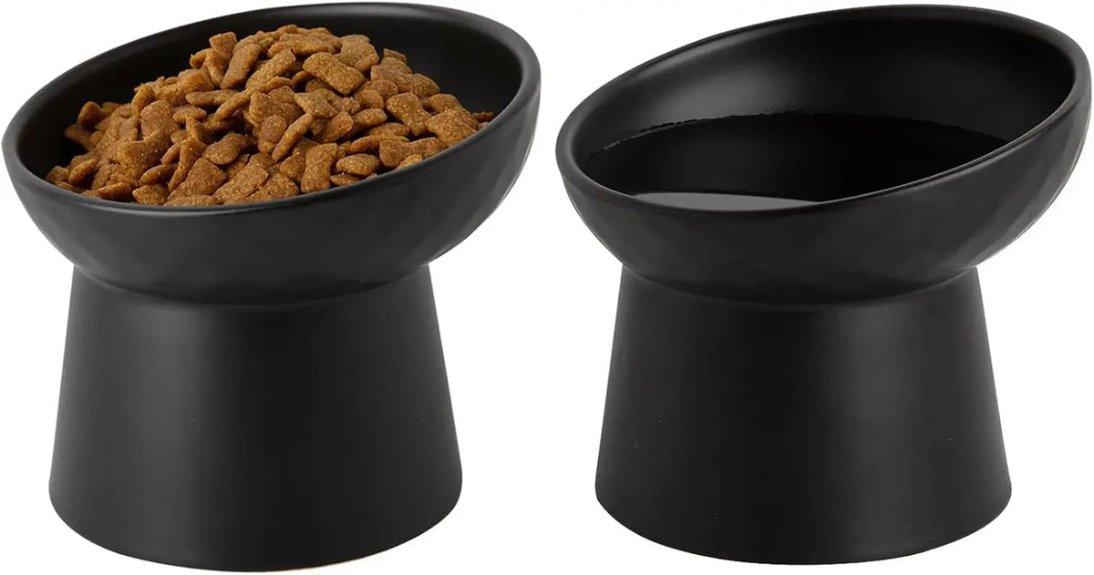 Pair of raised tilted ceramic cat bowls in black, with kibble portions