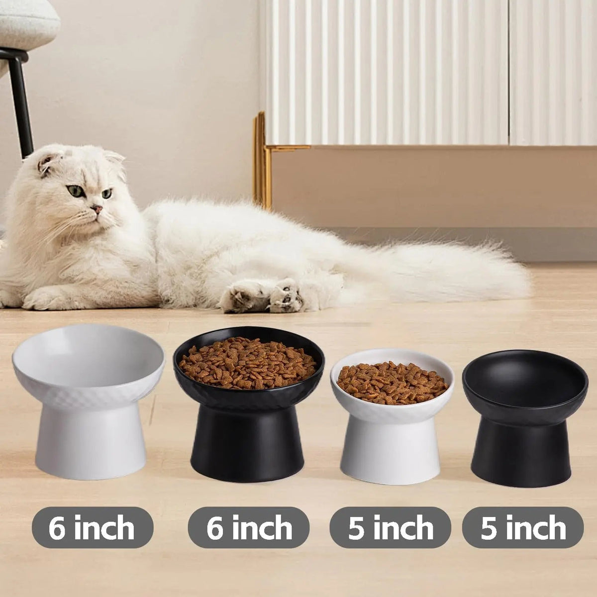 Raised tilted cat bowls set with white and black bowls
