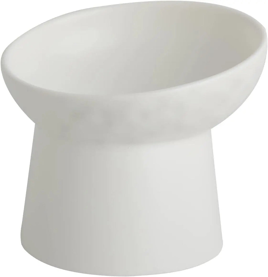 White raised tilted ceramic cat bowl with smooth round feeding dish