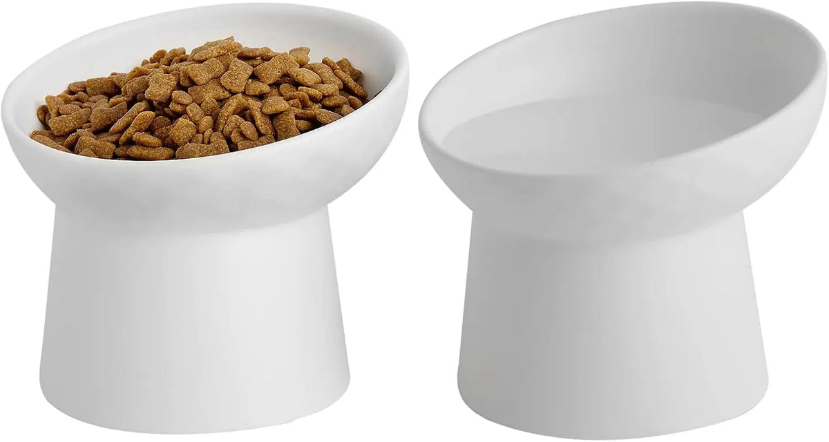 Pair of white raised tilted ceramic cat bowls, one with kibble