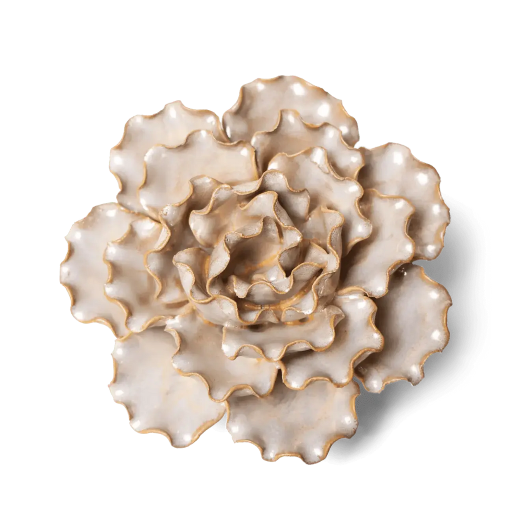 Cream ceramic flower wall art with scalloped lettuce-like petals and gold edging