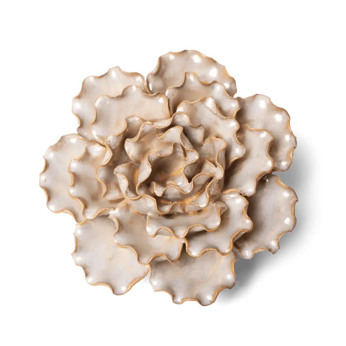 Cream ceramic flower wall art with scalloped lettuce-like petals and gold edging