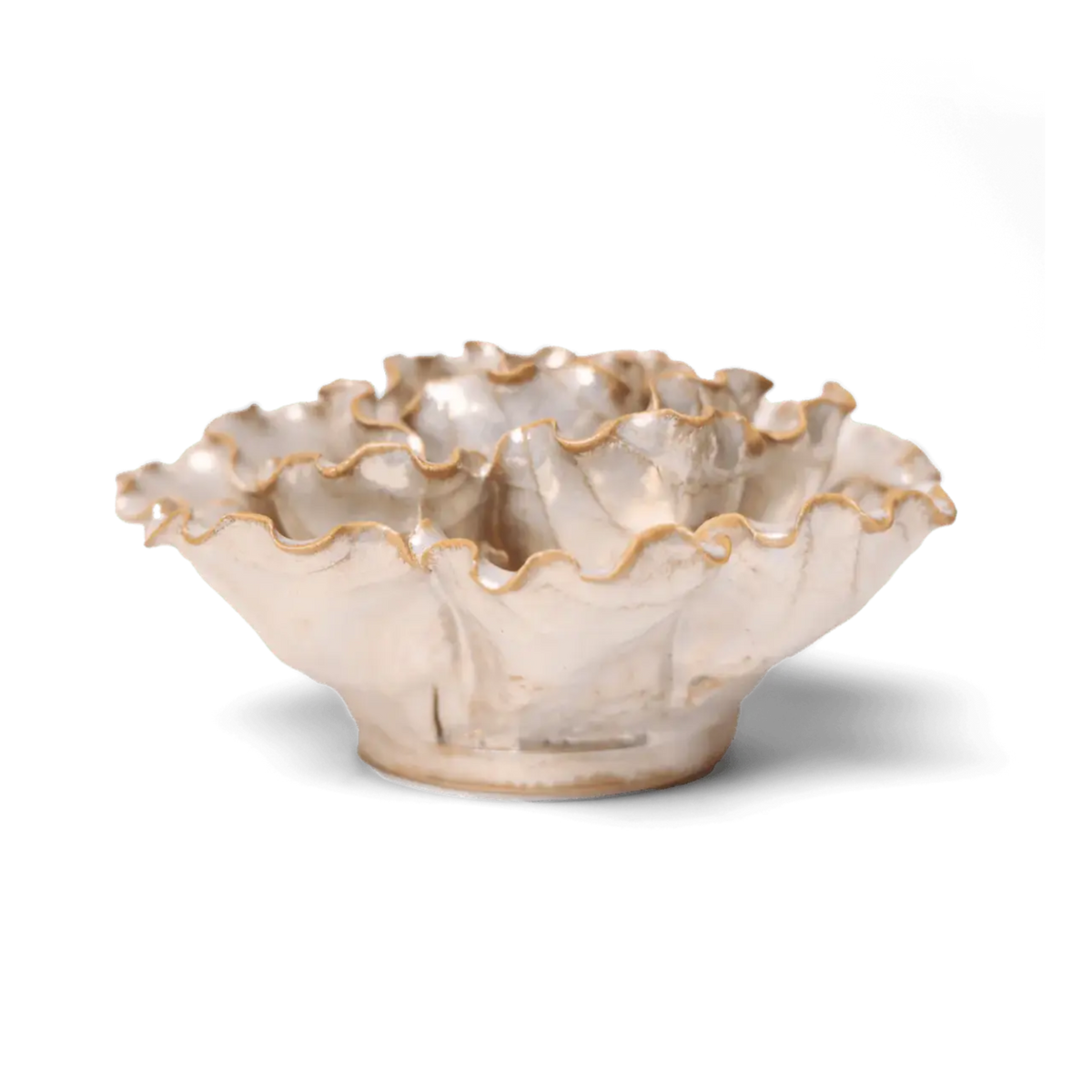 Cream ceramic flower wall art dish form with ruffled scalloped edges