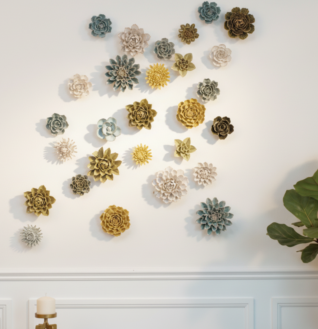 Ceramic flower wall art set of layered rosette accents in cream, gold, and sage