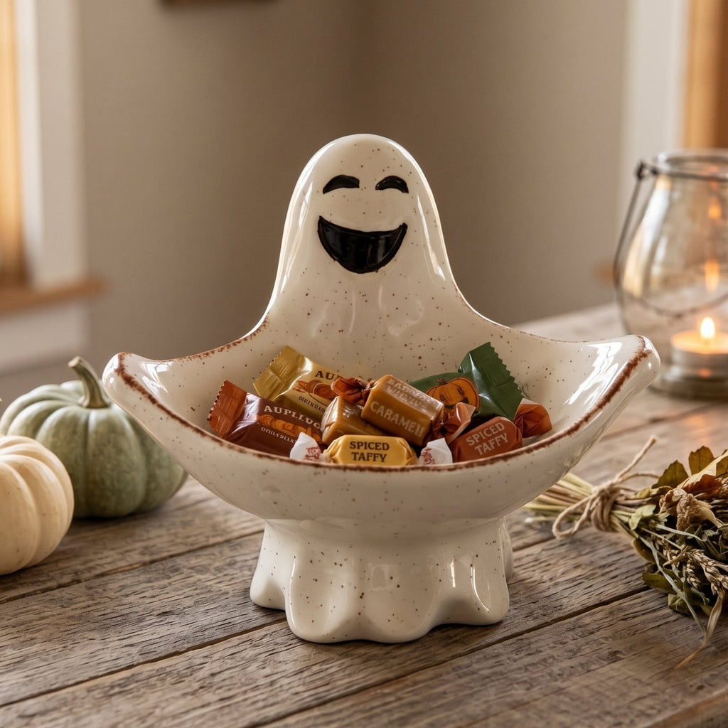 Ceramic ghost candy dish with smiling face, holding Halloween wrapped candies