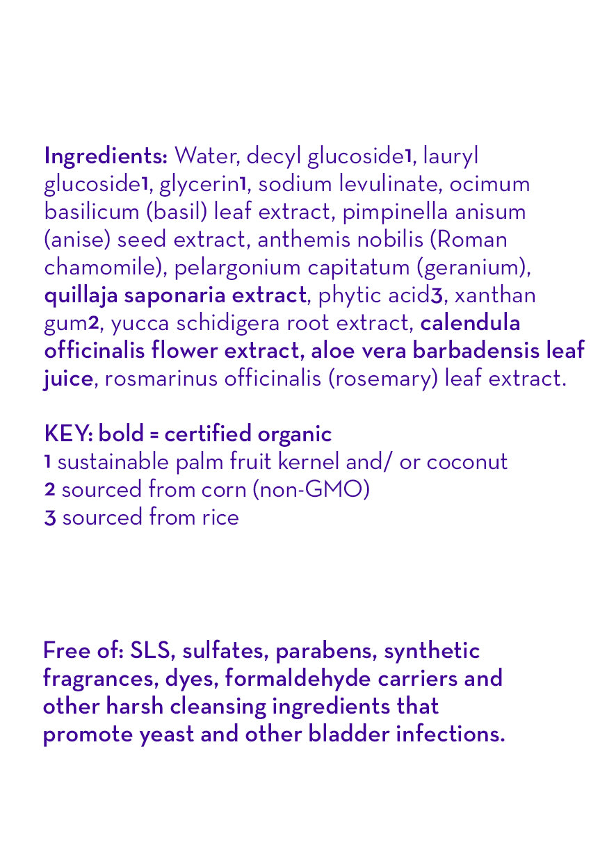 Bubble bath ingredients panel with key notes and a free-from list on the label.