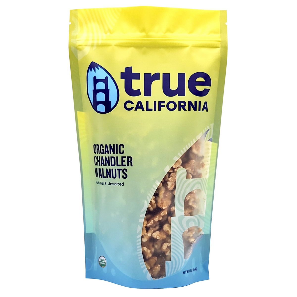 Organic walnut bag with true California branding, sealed stand-up pouch
