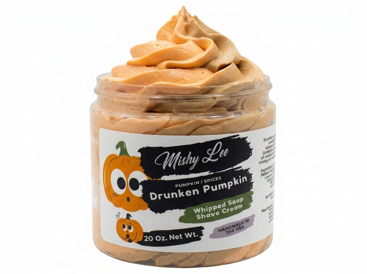 Whipped pumpkin soap and shave cream jar with orange swirls and label