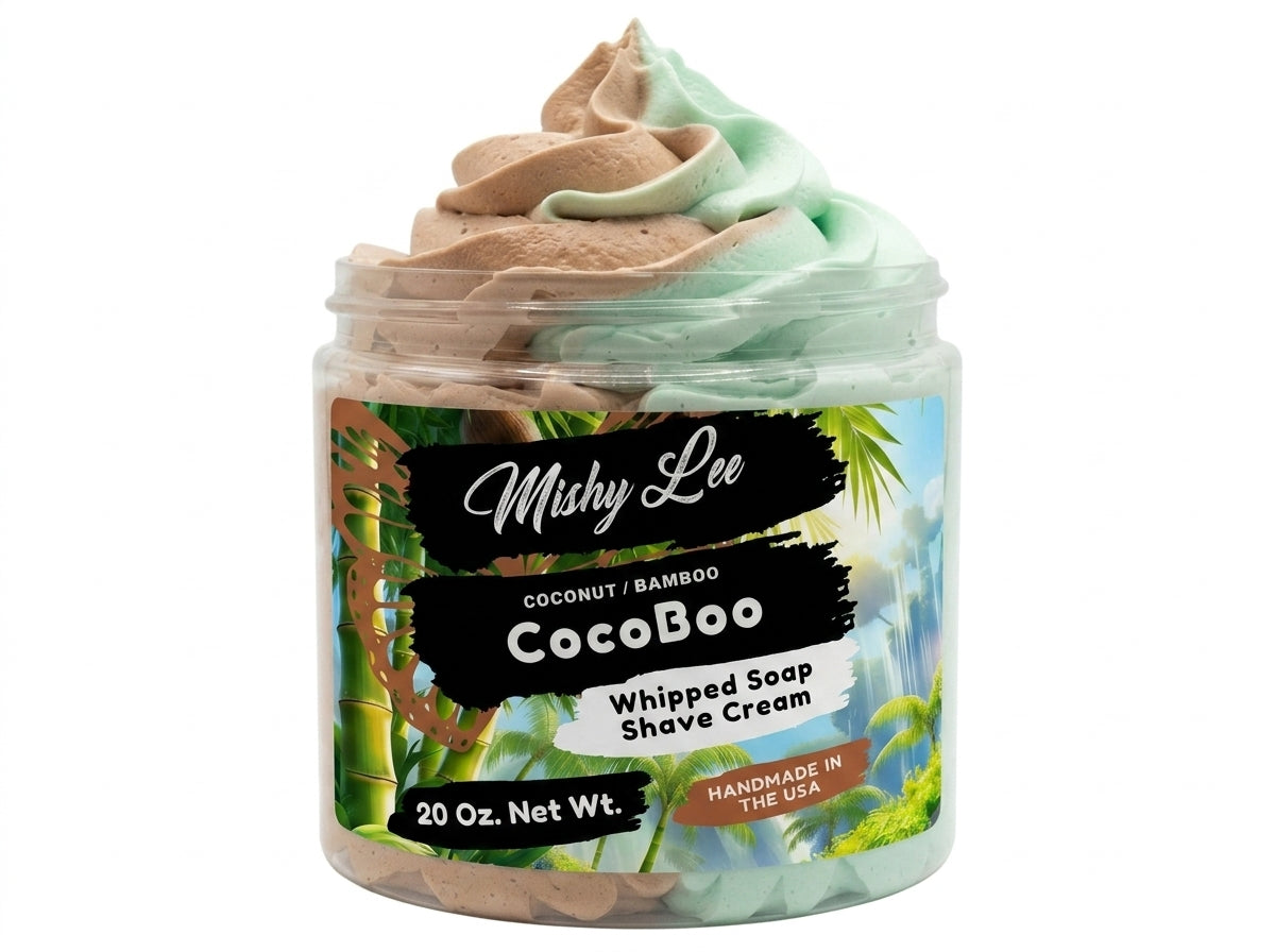 CocoBoo whipped soap and shave cream jar with mint and tan swirls, 20 oz net weight