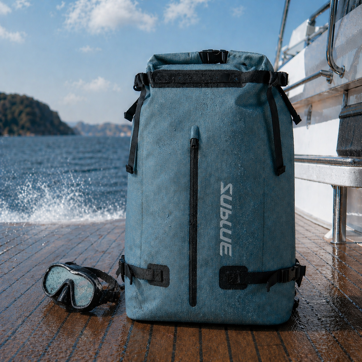 Waterproof 52L backpack close-up with roll-top, side tabs, and Y-shaped logo
