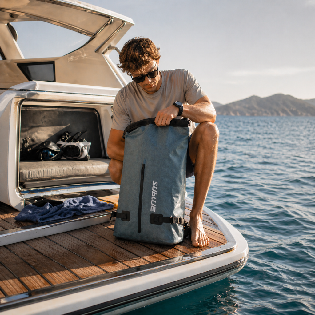 52L waterproof backpack placed on dock with front zip pocket and adjustable straps
