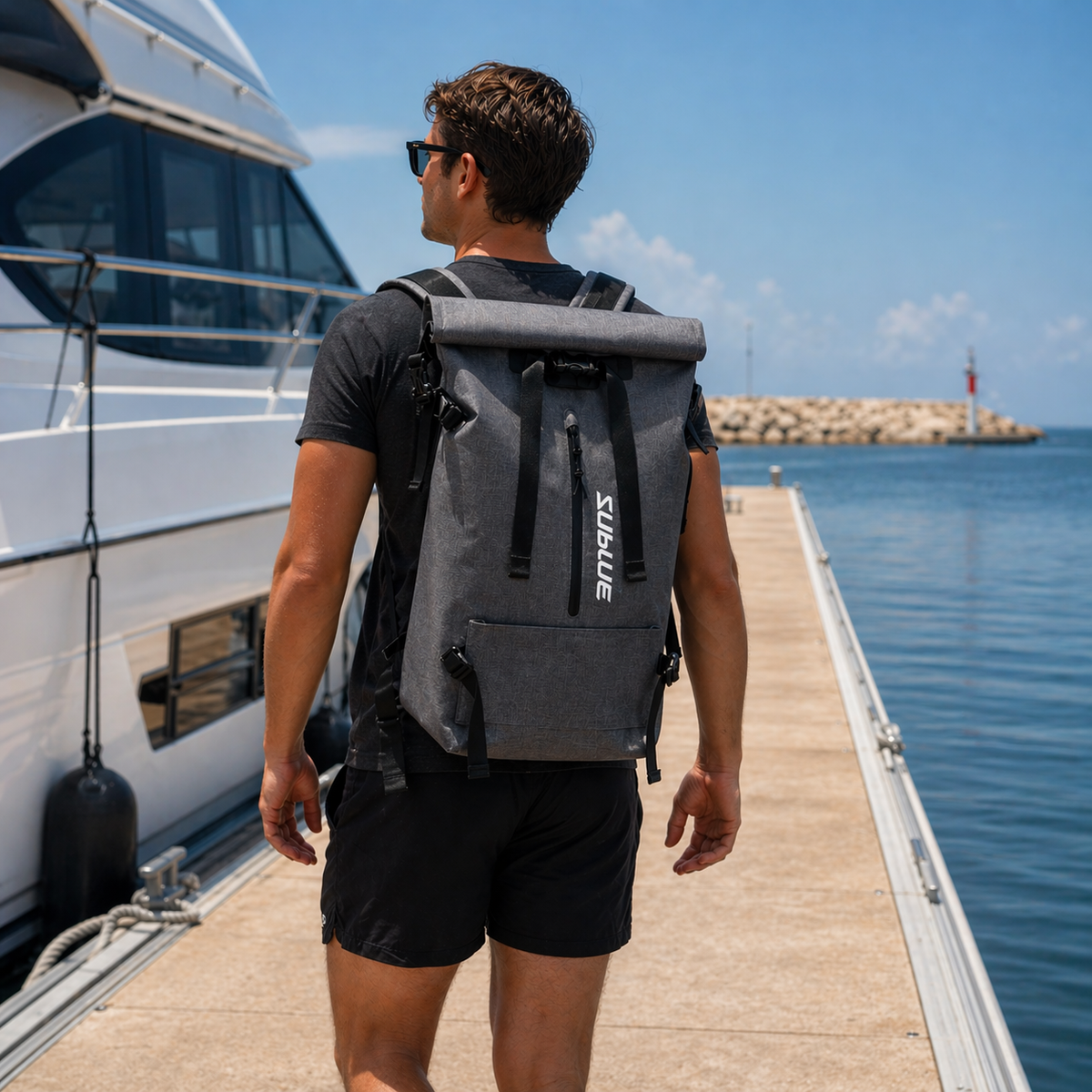 Waterproof backpack 30L, dark gray with adjustable shoulder straps and side lashing