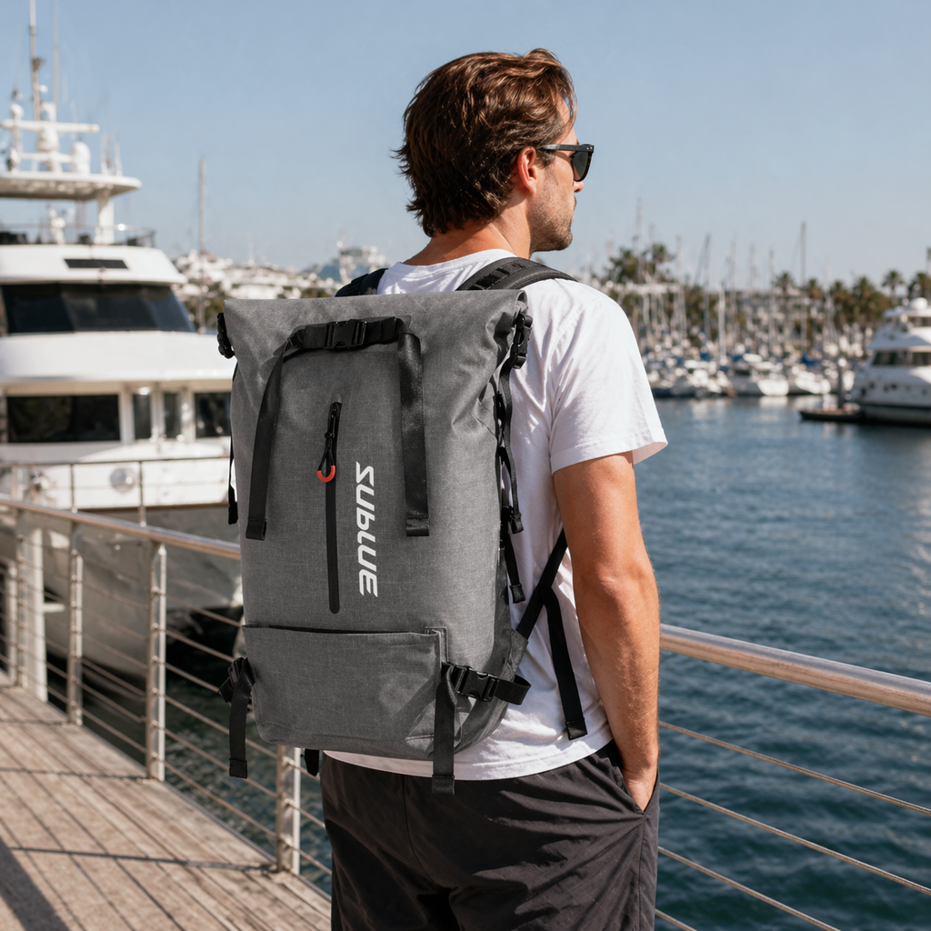 Waterproof backpack 30L, dark gray with back panel, top handle, and two front straps