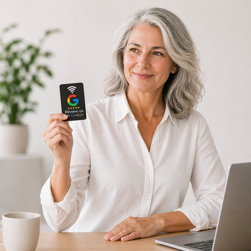 Black NFC review card with Google icon, held in hand