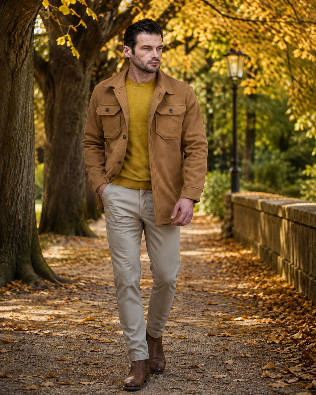 Taupe men’s coat with button front, flap chest pockets, and side pockets