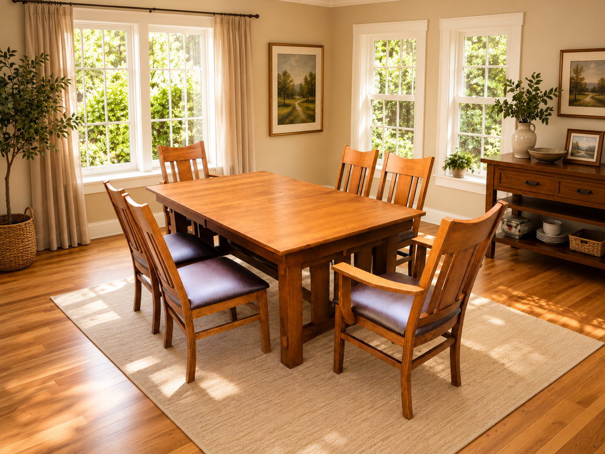 Mission-style solid wood dining table with side chairs and upholstered seat cushions.