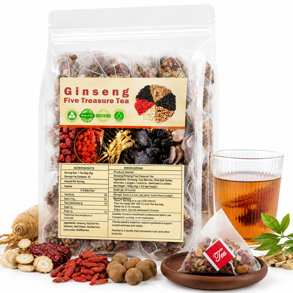 Stand-up herbal tea blend pouch, ingredient mix, and glass of brewed tea