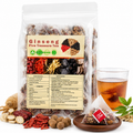Stand-up herbal tea blend pouch, ingredient mix, and glass of brewed tea
