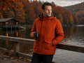 Men's orange bomber jacket with hood, snap placket and chest pockets