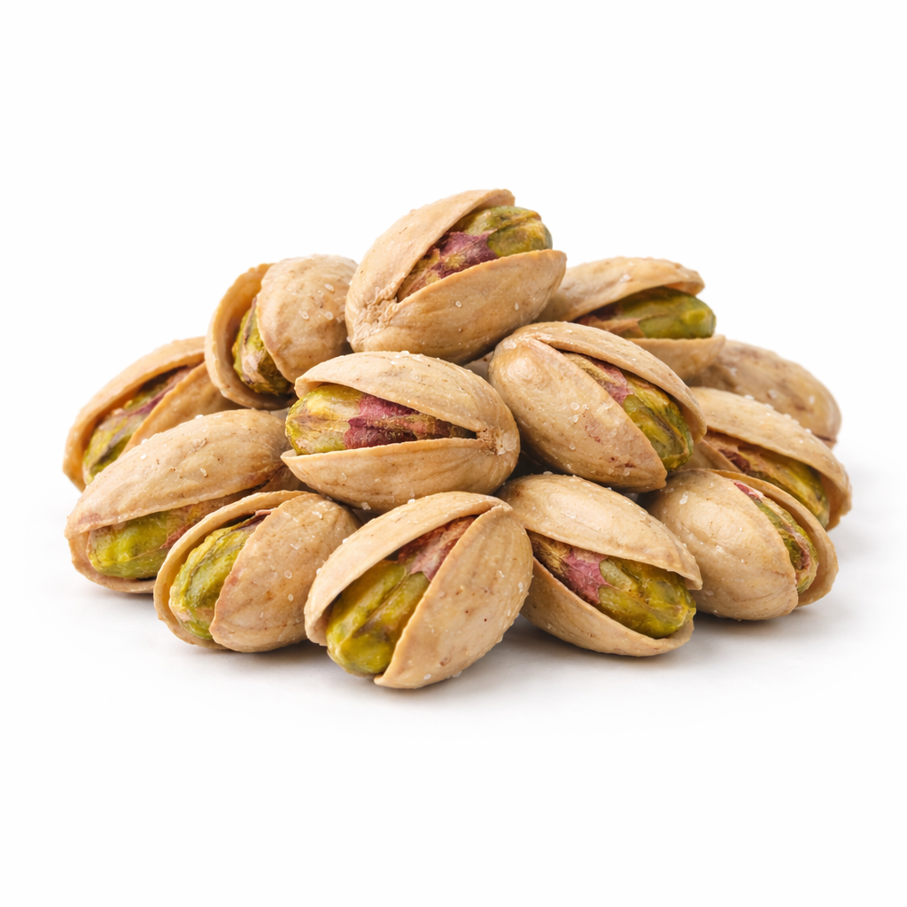 Dry roasted salted pistachios in half shells with green kernels, piled
