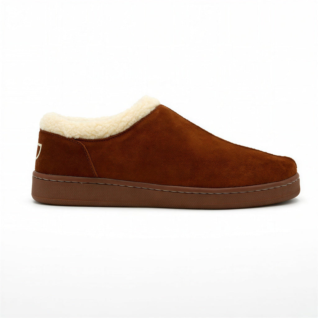 Honey-brown suede Ashton slipper with cream sherpa collar and low sole