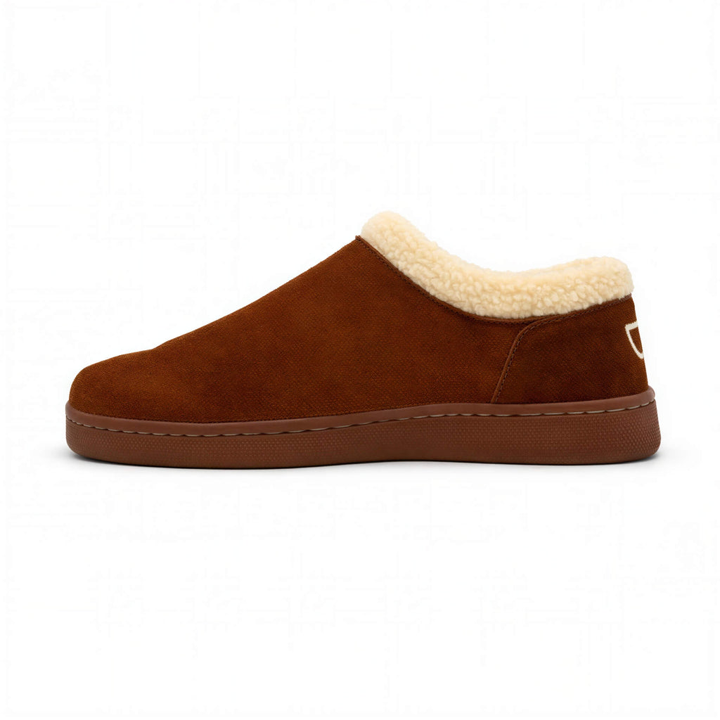 Men's Ashton slipper in brown suede with cream sherpa collar and cushioned sole