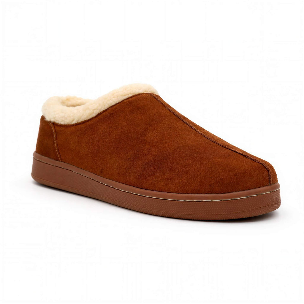Men's Ashton slipper, brown suede upper with cream sherpa lining and stitched toe cap