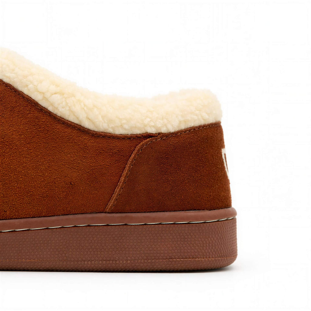 Men's Ashton slipper heel detail: brown suede with cream sherpa trim and brown sole